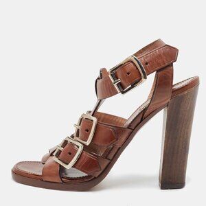 Alaia Brown Leather Silver Buckled Sandals with Wooden Heel Size EU 37